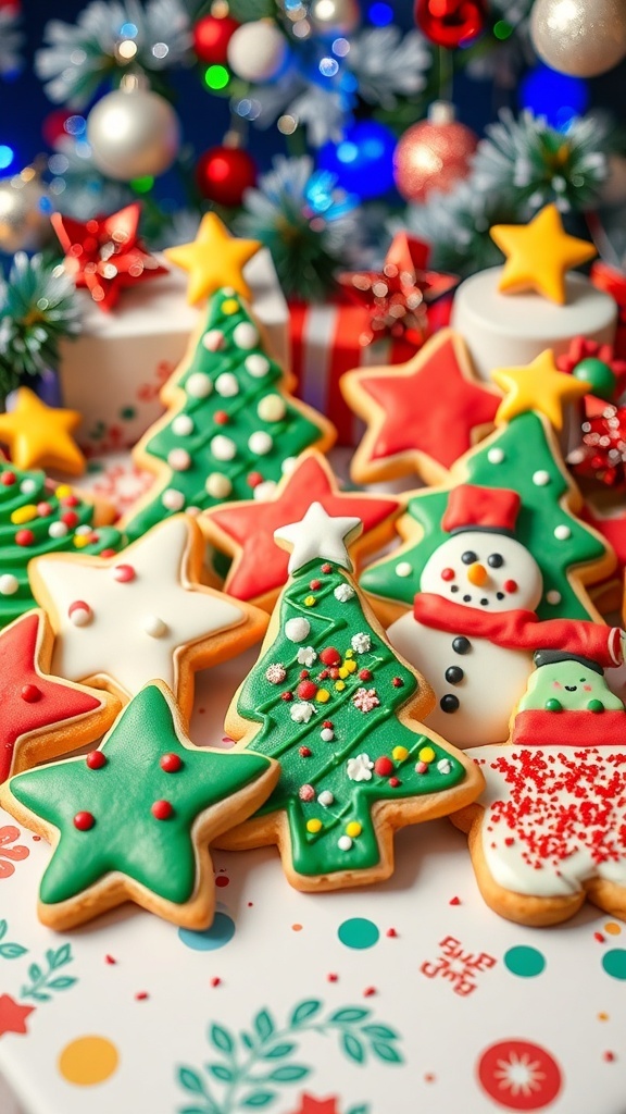 A variety of decorated Christmas cookies in festive shapes on a holiday-themed table.